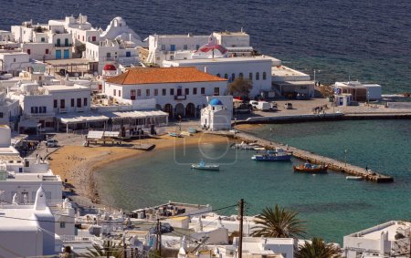 Photo for Scenic aerial view of the fishing harbor in Hora village on a sunny day. Mykonos. Greece. - Royalty Free Image
