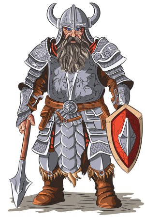 Un poderoso gnomo barbudo de cuento de hadas en armadura con un escudo y una lanza y un casco con cuernos. Ilustración vectorial.