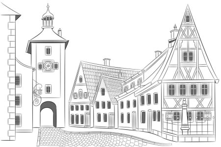 Illustration for Black and white drawing of old medieval half-timbered houses and city gates in Rothenburg ob der Tauber. Germany. Bavaria. Vector illustration. - Royalty Free Image