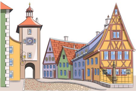 Illustration for Color drawing of old medieval half-timbered houses and town gate with clock tower in Rothenburg ob der Tauber. Germany. Bavaria. Vector illustration. - Royalty Free Image