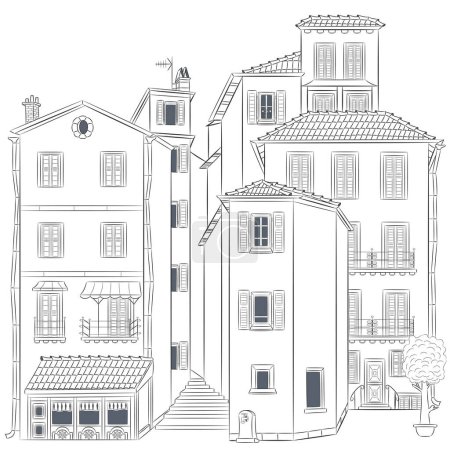 Téléchargez les illustrations : View of the facades of houses in the old part of Menton. France. Provence. Vector illustration. - en licence libre de droit