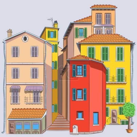 Téléchargez les illustrations : View of the colorful facades of houses in the old part of Menton. France. Provence. Vector illustration. - en licence libre de droit