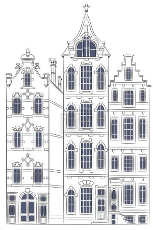 Illustration for Black and white drawing of the facades of traditional houses on the waterfront of Amsterdam. Netherlands. Vector illustration. - Royalty Free Image