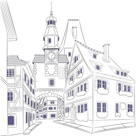Illustration for Black and white drawing of old medieval half-timbered houses and city clock tower in Rothenburg ob der Tauber. Germany. Bavaria. Vector illustration. - Royalty Free Image