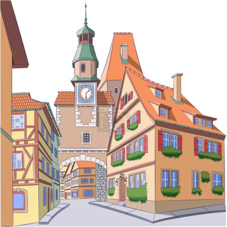 Illustration for Color drawing of old medieval half-timbered houses and city clock tower in Rothenburg ob der Tauber. Germany. Bavaria. Vector illustration. - Royalty Free Image