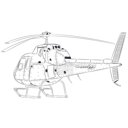 Téléchargez les illustrations : Dessin noir et blanc d'un hélicoptère léger pour passagers isolé sur fond blanc. Illustration vectorielle. - en licence libre de droit