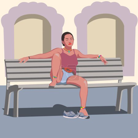 Illustration for Sunbathing woman with bracelets on her arms and legs, sitting on a bench against the background of a yellow wall with arches. Colored vector drawing. - Royalty Free Image
