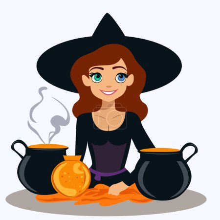 Cute beautiful girl witch in a black hat brews a magic potion. Vector illustration.