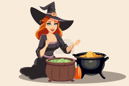 A cute beautiful witch girl in a black hat and dress brews a magic potion. Vector illustration.