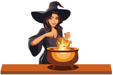A sweet beautiful witch girl in a black hat and dress casts a spell over a cauldron with a potion. Vector illustration.