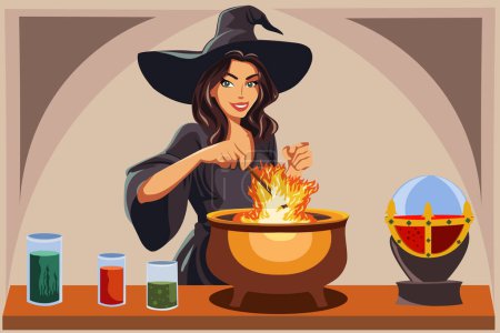 A cute beautiful witch girl in a black hat and dress casts a spell using a magic ball. Vector illustration.