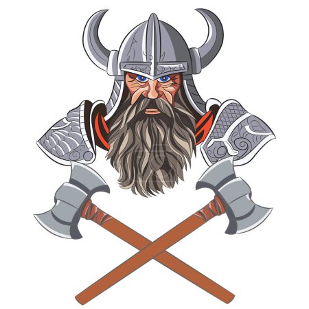 La cabeza de un guerrero vikingo en un casco con cuernos contra el fondo de dos hachas cruzadas. Ilustración vectorial.