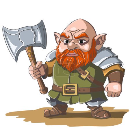 A small fairy-tale bald gnome with a red beard in a green frock coat with an axe. Vector illustration.