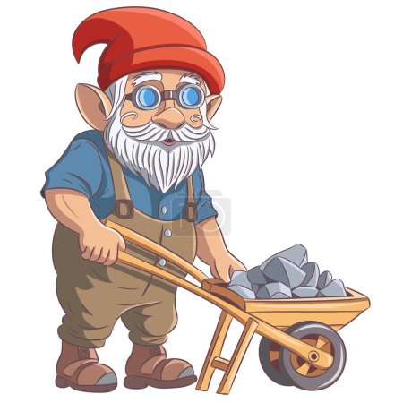 A fabulous bearded gnome builder in glasses, overalls and a red cap stands near a wheelbarrow with cobblestones. Vector illustration.