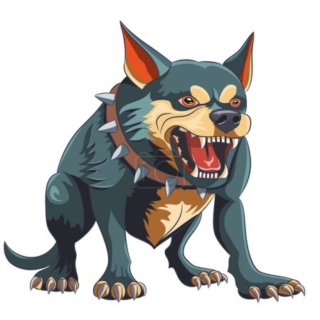 Un perro agresivo poderoso enojado en un collar con espigas de acero y colmillos expuestos. Ilustración vectorial.
