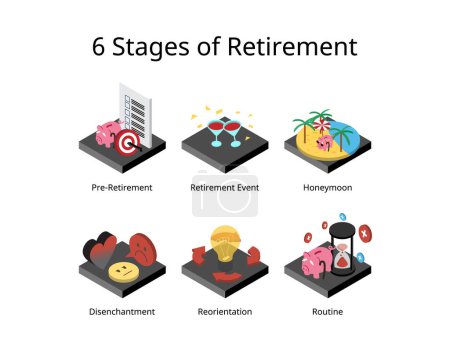 Illustration for 6 stages of retirement such as pre retirement phase, honeymoon, retirement event, disenchantment - Royalty Free Image