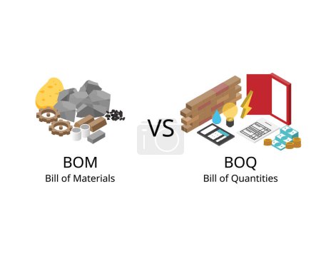 Illustration for The difference between BOM or Bill of materials and BOQ or bill of quantities - Royalty Free Image