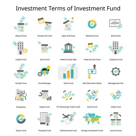 Téléchargez les illustrations : Termes d'investissement et vocabulaire de différents types d'icônes de fonds d'investissement - en licence libre de droit