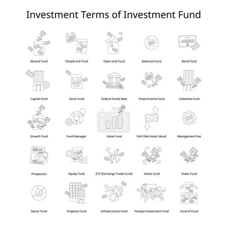 Téléchargez les illustrations : Termes d'investissement et vocabulaire de différents types de fonds d'investissement ligne noire et blanche icône - en licence libre de droit