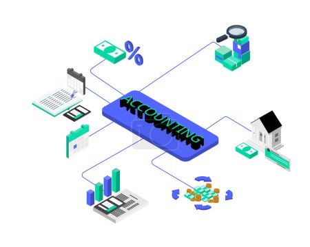 Illustration for Isometric accounting banner and element to record all financial transaction in the company for accounting and financial statement - Royalty Free Image
