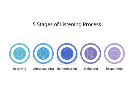 Illustration for 5 Stages of Listening which is receiving, understanding, remembering, evaluating, responding - Royalty Free Image