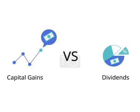 Illustration for Difference of capital gain compare with dividends of how you receive the profit return - Royalty Free Image