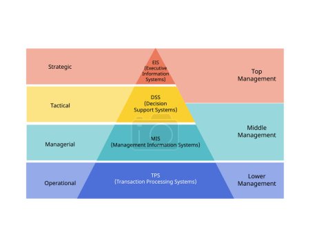 Ilustración de Tipos de sistema de información para MIS, TPS, DSS y EIS, nivel de toma de decisiones Pirámide - Imagen libre de derechos