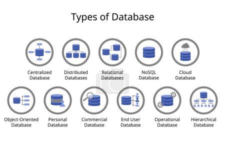 Ilustración de Different Types of Databases icon such as Centralized Database, Distributed Database, Relational, NoSQL, Cloud, personal, commercial, Object-Oriented, Hierarchical - Imagen libre de derechos