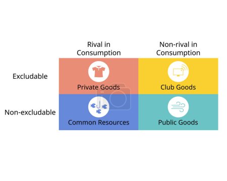 4 tipos diferentes de bienes privados, bienes privados, bienes de club, recursos comunes