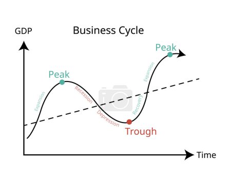 business cycle is a cycle of fluctuations in the Gross Domestic Product or GDP around its growth rate