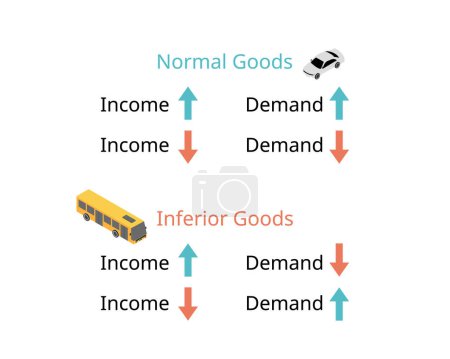 Illustration for Income elasticity of demand and types of goods for normal goods and inferior goods - Royalty Free Image