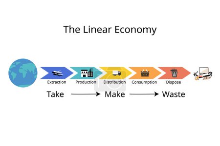 traditionelles lineares Wirtschaftsmodell von natürlichen Ressourcen bis Verschwendung