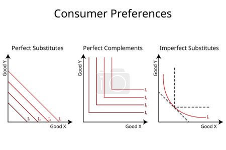 Téléchargez les illustrations : Préférences des consommateurs en économie pour un substitut parfait, compléments parfaits, substituts imparfaits - en licence libre de droit
