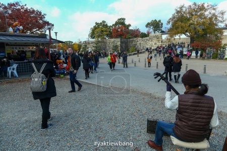 Téléchargez les photos : Osaka, Japon - 24 novembre 2017 : Pendant la saison des feuillages d'automne, le château d'Osaka accueille de nombreux touristes qui prennent des photos et le temps est frais. - en image libre de droit