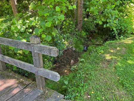 Pasarela y arroyo en la recreada y restaurada 1800 Pioneer Village en Spring Mill State Park, cerca de Mitchell, Indiana, con vívidos árboles verdes y espacio para copiar hierba.