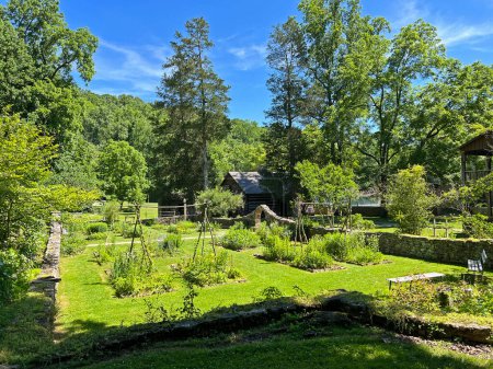 Jardín en el recreado y restaurado 1800 Pioneer Village en Spring Mill State Park, cerca de Mitchell, Indiana con hermoso cielo azul y árboles verdes vívidos y hierba.