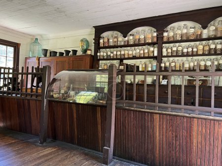 Historic Apothecary in the recreated and restored 1800 Pioneer Village at Spring Mill State Park, near Mitchell, Indiana.
