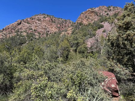 Foto de Vista de primavera desde el sendero de Gowan del paisaje rocoso rojo de la montaña en el Parque Estatal Tonto Natural Bridge en Pine, Arizona con espacio para copiar el cielo azul brillante en un área por encima del puente. - Imagen libre de derechos