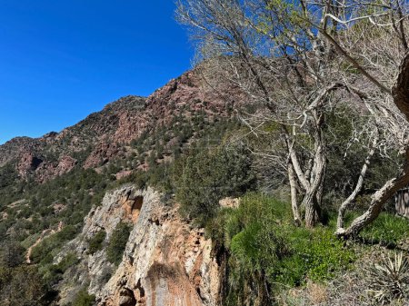 Springtime view of the red rocky mountain landscape in Tonto Natural Bridge State Park in Pine, Arizona with bright blue sky copy space in an area showing the top of the small waterfall above the natural bridge.
