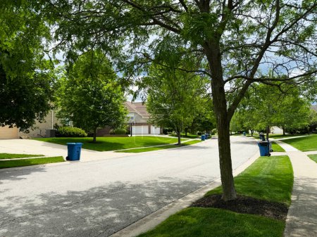 Blaue Mülltonnen säumen die Straße am Tag des Mülls in einem Viertel von Indiana mit Kopierraum.