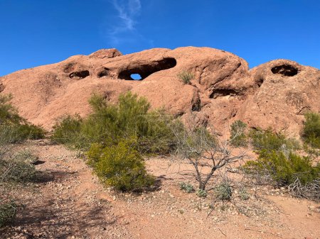 Frontansicht des roten Sandstein Hole in the Rock im Papago Park, etwas außerhalb von Phoenix und Tempe, Arizona mit blauem Himmel Kopierfläche. Ein beliebter Wander- und Kletterplatz und Teil der Hohokam-Kultur.