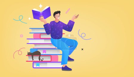 Illustration for Book festival concept of a small people. man reading an open huge books. Vector illustration. - Royalty Free Image