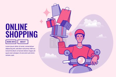 Illustration for Online shopping. Online delivery service concept. Fast delivery by scooter via mobile phone. Man riding scooter. marketing and e-commerce. Vector illustration. - Royalty Free Image