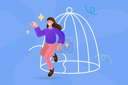 Illustration for Woman running out of cage feeling confident. Freedom and new life opportunities concept. woman leaving birdcage through open door. full of energy and ideas vector illustration. - Royalty Free Image