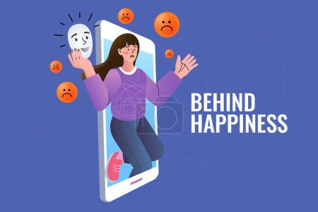 Illustration for Behind happiness on social media. Depression concept - Royalty Free Image