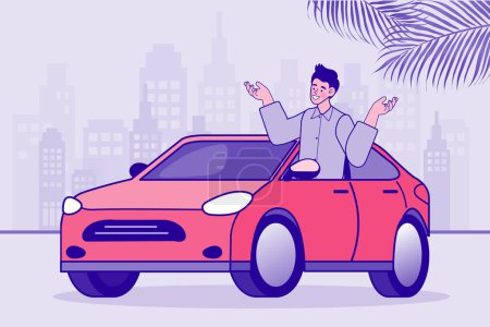 Illustration for Young driver leaning out of the car window. Enjoying the ride vector illustration cartoon character. Transport and lease concept. - Royalty Free Image
