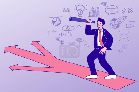 Illustration for Choice way concept. Businessman before choosing. Businessman walking on white and glowing arrows on concrete background. Different direction and success concept. - Royalty Free Image