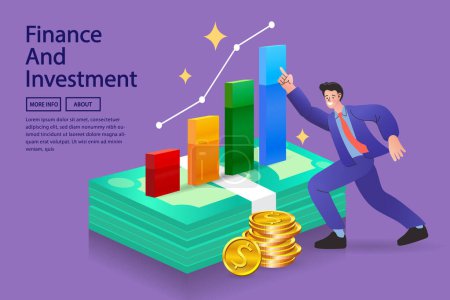 Illustration for Chart analysis chart showing earnings, money and coins, businessman - Royalty Free Image