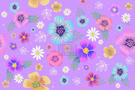 Camellias, daisies, daffodils flowers on color purple background