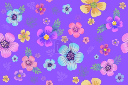 Camellias, daisies, daffodils flowers on color purple background